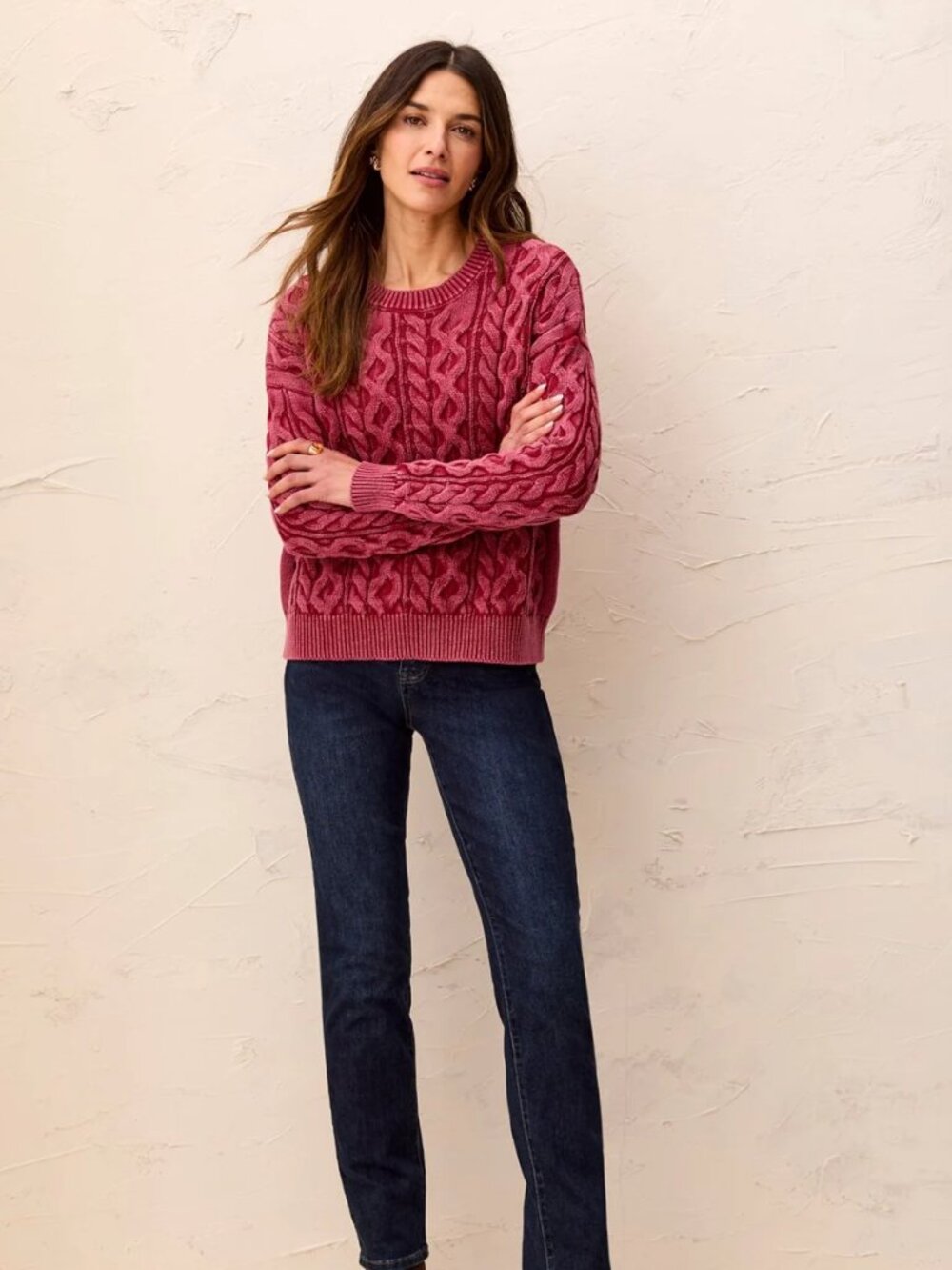 Tribal Jeans Cable Knit Special Wash Crew Neck Sweater - Pinot